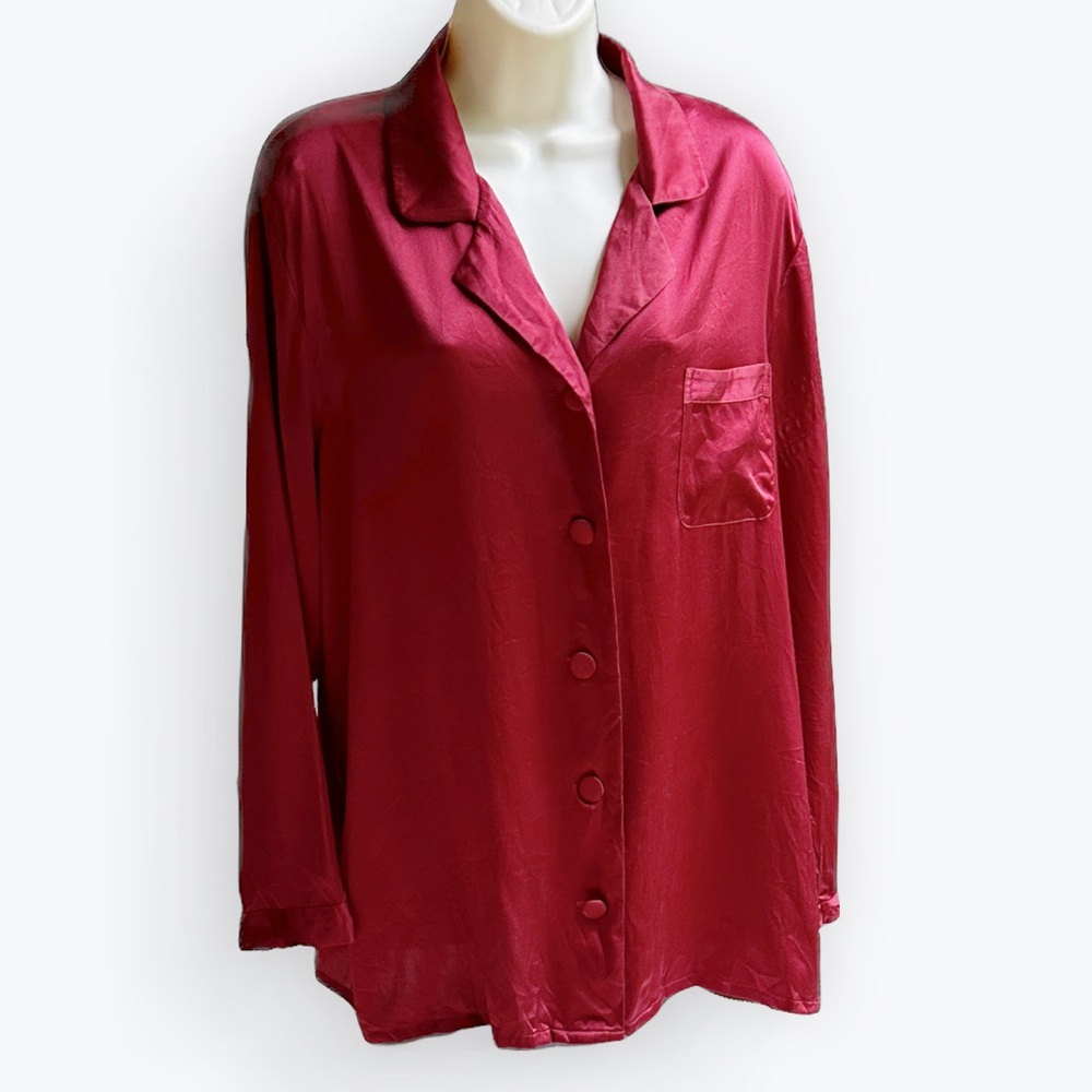 Luxe Festive Party Rodeo Dark Red Silk Long Sleeve Blouse / Nightshirt ~ L (12)